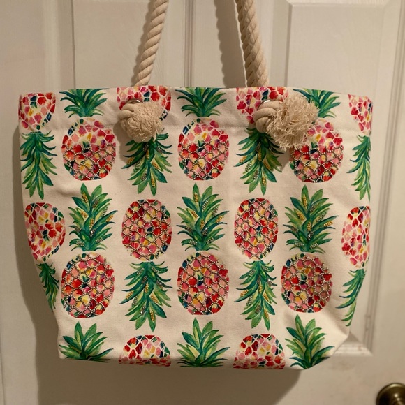 Pineapple Tote, Large Pineapple Beaded Canvas Tote With Large Rope Handles - Picture 16 of 16